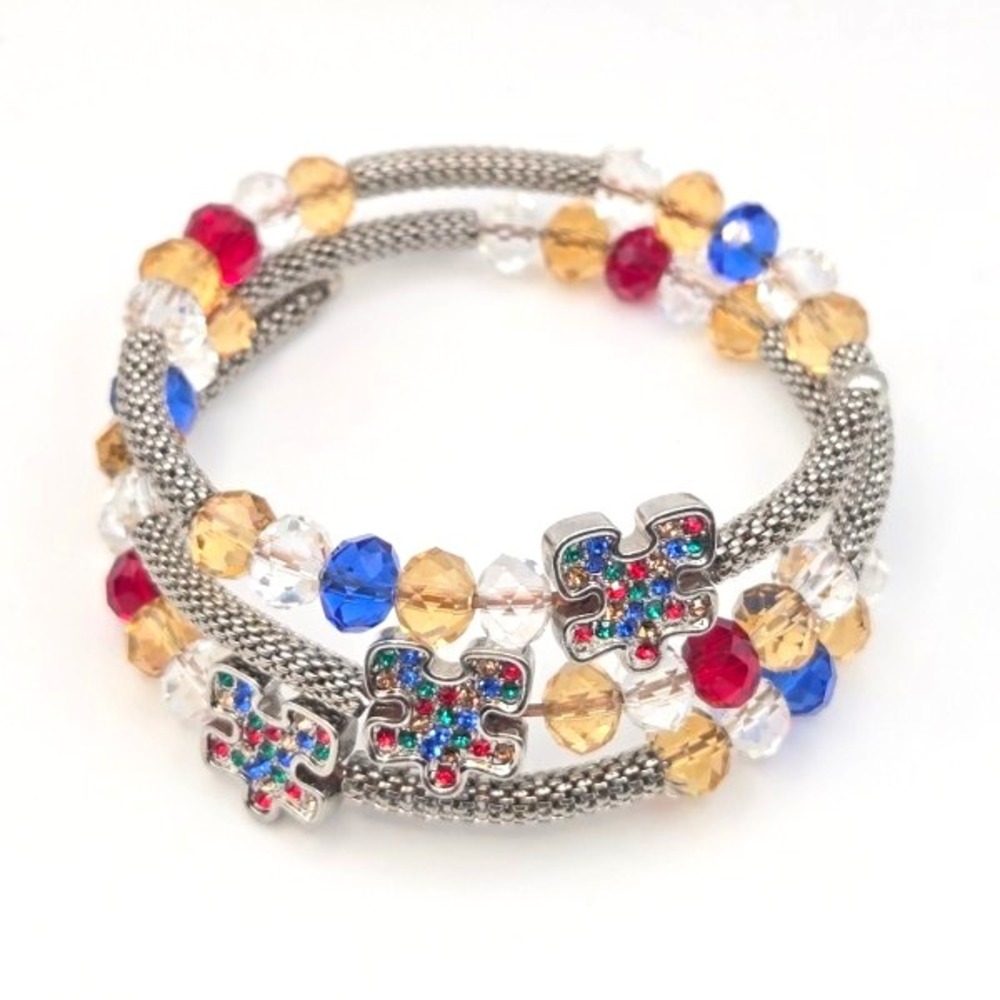 Wrap Bracelet Puzzle Piece Charms Autism Awareness‎ Glass Beads Silver Tone Mesh